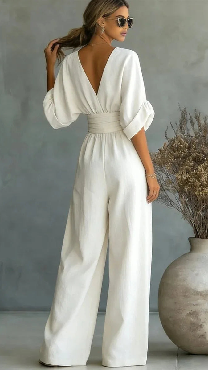 Women's Wide Leg Deep V-Neck Jumpsuit
