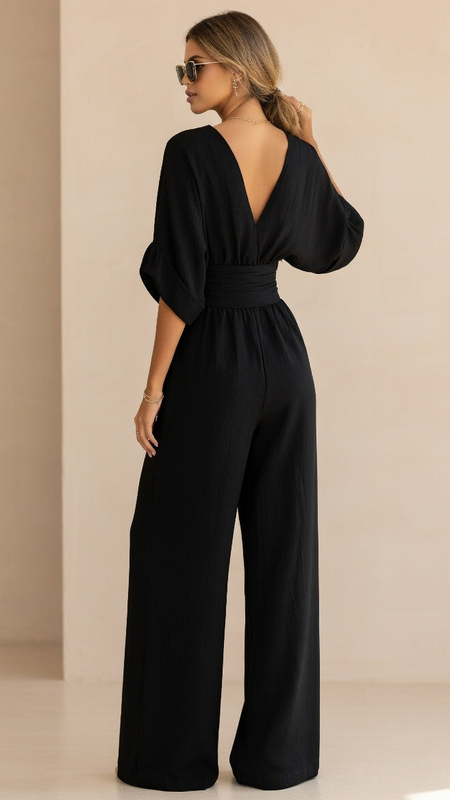 Women's Wide Leg Deep V-Neck Jumpsuit