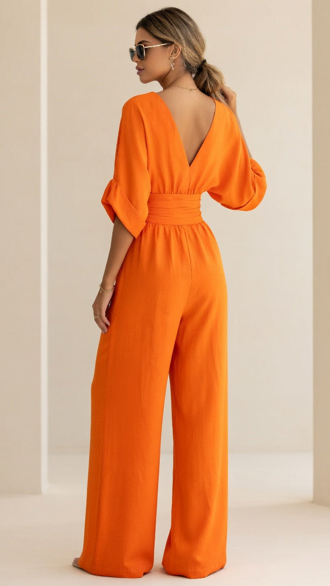 Women's Wide Leg Deep V-Neck Jumpsuit