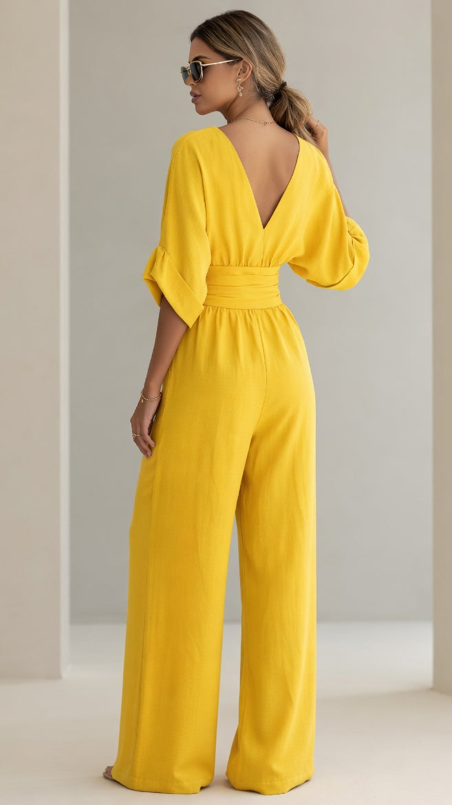 Women's Wide Leg Deep V-Neck Jumpsuit