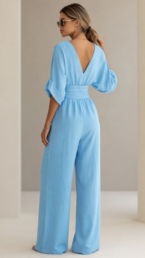 Women's Wide Leg Deep V-Neck Jumpsuit
